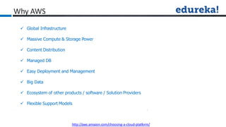  Global Infrastructure
 Massive Compute & Storage Power
 Content Distribution
 Managed DB
 Easy Deployment and Management
 Big Data
 Ecosystem of other products / software / Solution Providers
 Flexible Support Models
Why AWS
http://aws.amazon.com/choosing-a-cloud-platform/
 