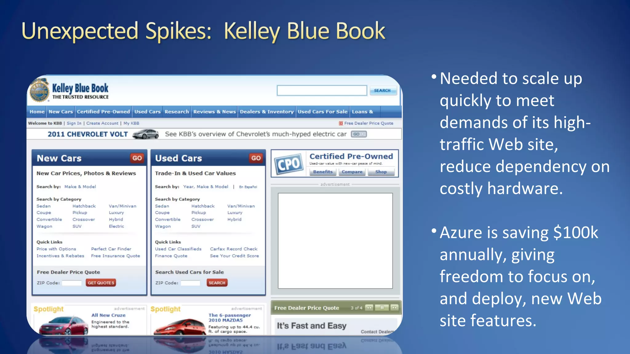•Needed to scale up
quickly to meet
demands of its high-
traffic Web site,
reduce dependency on
costly hardware.
•Azure is saving $100k
annually, giving
freedom to focus on,
and deploy, new Web
site features.
 