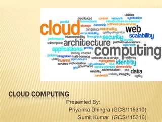 CLOUD COMPUTING
              Presented By:
               Priyanka Dhingra (GCS/115310)
                   Sumit Kumar (GCS/115316)
 