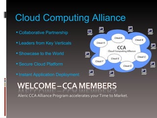 Aleric CCA Alliance Program accelerates your Time to Market. Cloud   Computing Alliance Collaborative Partnership Leaders from Key Verticals Showcase to the World Secure Cloud Platform Instant Application Deployment  
