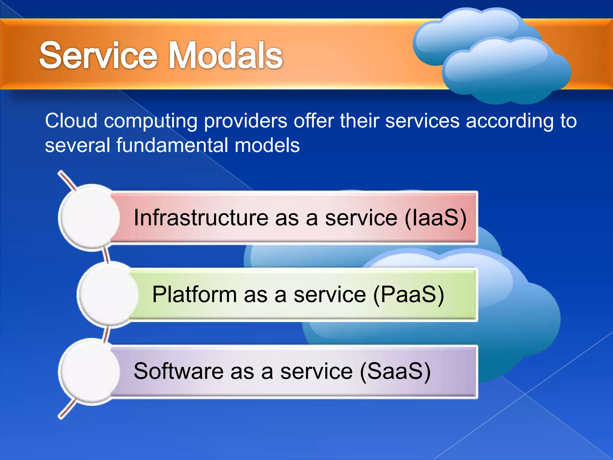 Cloud computing providers offer their services according to
several fundamental models
Infrastructure as a service (IaaS)
Platform as a service (PaaS)
Software as a service (SaaS)
 