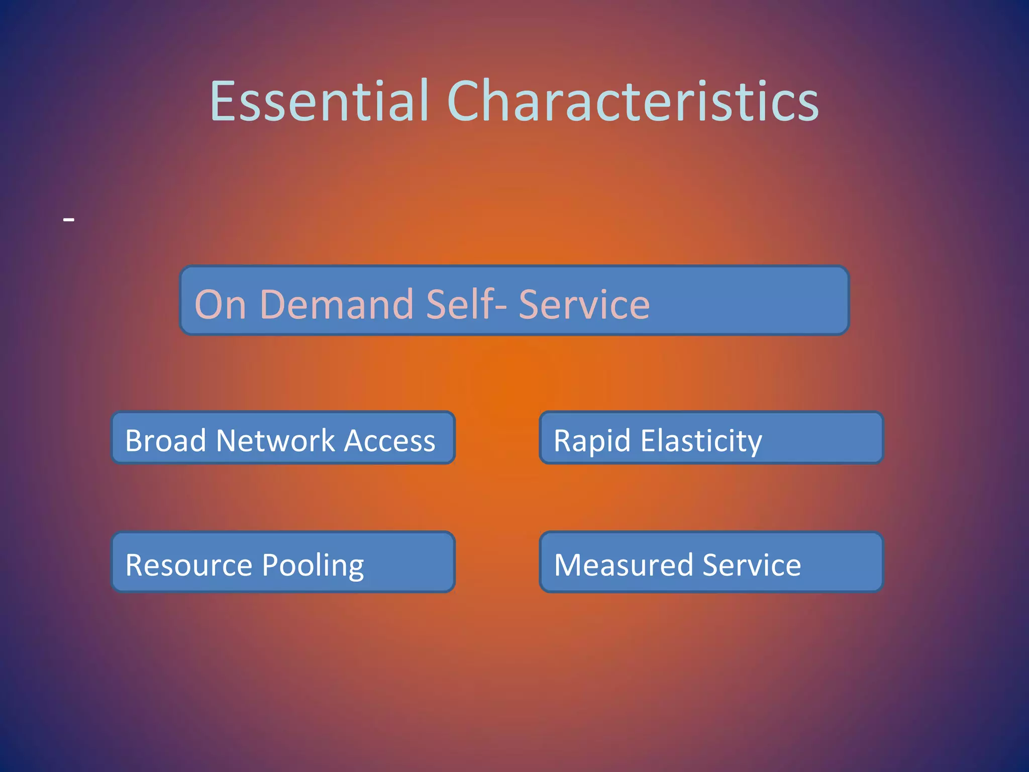 Essential Characteristics
-
On Demand Self- Service
Broad Network Access Rapid Elasticity
Resource Pooling Measured Service
 