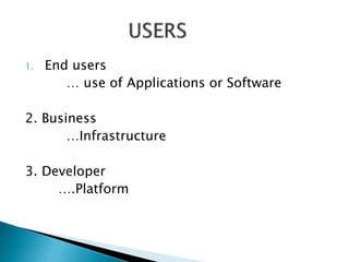 1. End users
… use of Applications or Software
2. Business
…Infrastructure
3. Developer
….Platform
 