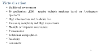 Virtualization
• Traditional environment
• 50 applications ,DB’s require multiple machines based on Architecture
/platform
• High infrastructure and hardware cost
• Increasing complexity and High maintenance
• Multiple development environment
• Virtualization
• Isolation & encapsulation
• Scalability
• Containers
11
 
