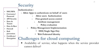 23
Security
Authentication :
- Allow Apps to authenticate on behalf of users
- Allow users Authorization:
- Fine-grained access control
- Attribute management
- Policy evaluation
- Policy Management Implementation:
• SSO( Single Sign On)
• Web Federated Identity
Challenges for cloud computing
▪ Availability of service; what happens when the service provider
cannot deliver?
• SSO/MFA
• Username/
Password
• API Security
• Data At
Transit
• Data At Rest
• Firewall
• DoS
prevention
• Certificate/
Encryption
 