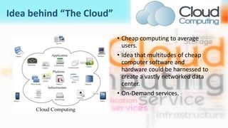 Idea behind “The Cloud”
• Cheap computing to average
users.
• Idea that multitudes of cheap
computer software and
hardware could be harnessed to
create a vastly networked data
center.
• On-Demand services.
 