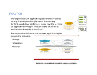 Our experience with application platforms today comes
mostly from on-premises platforms. A useful way
to think about cloud platforms is to see how the services
an application developer relies on in the on premises
environment translate to the cloud.
For on-premises infrastructure services, typical examples
include the following:
 •Storage
•Integration
•Identity




                            FROM ON-PREMISES PLATFORMS TO CLOUD PLATFORMS
 