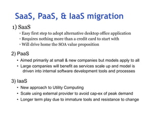 SaaS, PaaS, & IaaS migration
1) SaaS
   ▫ Easy first step to adopt alternative desktop office application
   ▫ Requires nothing more than a credit card to start with
   ▫ Will drive home the SOA value proposition

2) PaaS
  • Aimed primarily at small & new companies but models apply to all
  • Large companies will benefit as services scale up and model is
     driven into internal software development tools and processes

3) IaaS
  • New approach to Utility Computing
  • Scale using external provider to avoid cap-ex of peak demand
  • Longer term play due to immature tools and resistance to change
 
