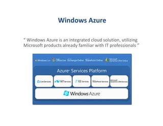 Windows Azure

“ Windows Azure is an integrated cloud solution, utilizing
Microsoft products already familiar with IT professionals ”
 