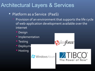 Architectural Layers & Services
    Platform as a Service (PaaS)
      Provision of an environment that supports the life cycle
       of web-application development available over the
       internet
        Design
        Implementation
        Testing
        Deployment
        Hosting
 