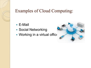 Examples of Cloud Computing:
 E-Mail
 Social Networking
 Working in a virtual office
 