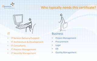 Who typically needs this certificate? IT IT Service Delivery/Support IT Architecture & Development IT Consultants IT Process Management IT Security  Management Business Project Management Procurement Legal HR Quality Management 