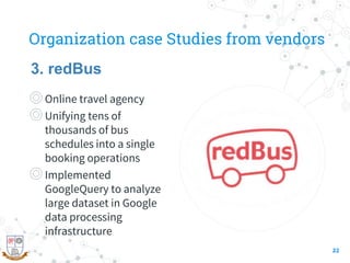 Organization case Studies from vendors
◎Online travel agency
◎Unifying tens of
thousands of bus
schedules into a single
booking operations
◎Implemented
GoogleQuery to analyze
large dataset in Google
data processing
infrastructure
22
3. redBus
 