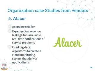 Organization case Studies from vendors
◎An online retailer
◎Experiencing revenue
leakage for unreliable
real time notifications of
service problems
◎Used big data
algorithms to create a
cloud monitoring
system that deliver
notifications
24
5. Alacer
 