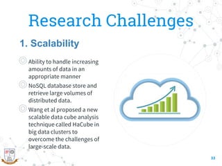 Research Challenges
◎Ability to handle increasing
amounts of data in an
appropriate manner
◎NoSQL database store and
retrieve large volumes of
distributed data.
◎Wang et al proposed a new
scalable data cube analysis
technique called HaCube in
big data clusters to
overcome the challenges of
large-scale data.
33
1. Scalability
 