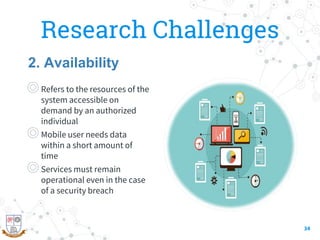 Research Challenges
◎Refers to the resources of the
system accessible on
demand by an authorized
individual
◎Mobile user needs data
within a short amount of
time
◎Services must remain
operational even in the case
of a security breach
34
2. Availability
 