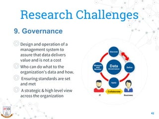 Research Challenges
◎Design and operation of a
management system to
assure that data delivers
value and is not a cost
◎Who can do what to the
organization's data and how.
◎ Ensuring standards are set
and met
◎ A strategic & high level view
across the organization
42
9. Governance
 