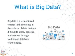 What is Big Data?
Big data is a term utilized
to refer to the increase in
the volume of data that are
difficult to store, process,
and analyze through
traditional database
technologies.
5
 