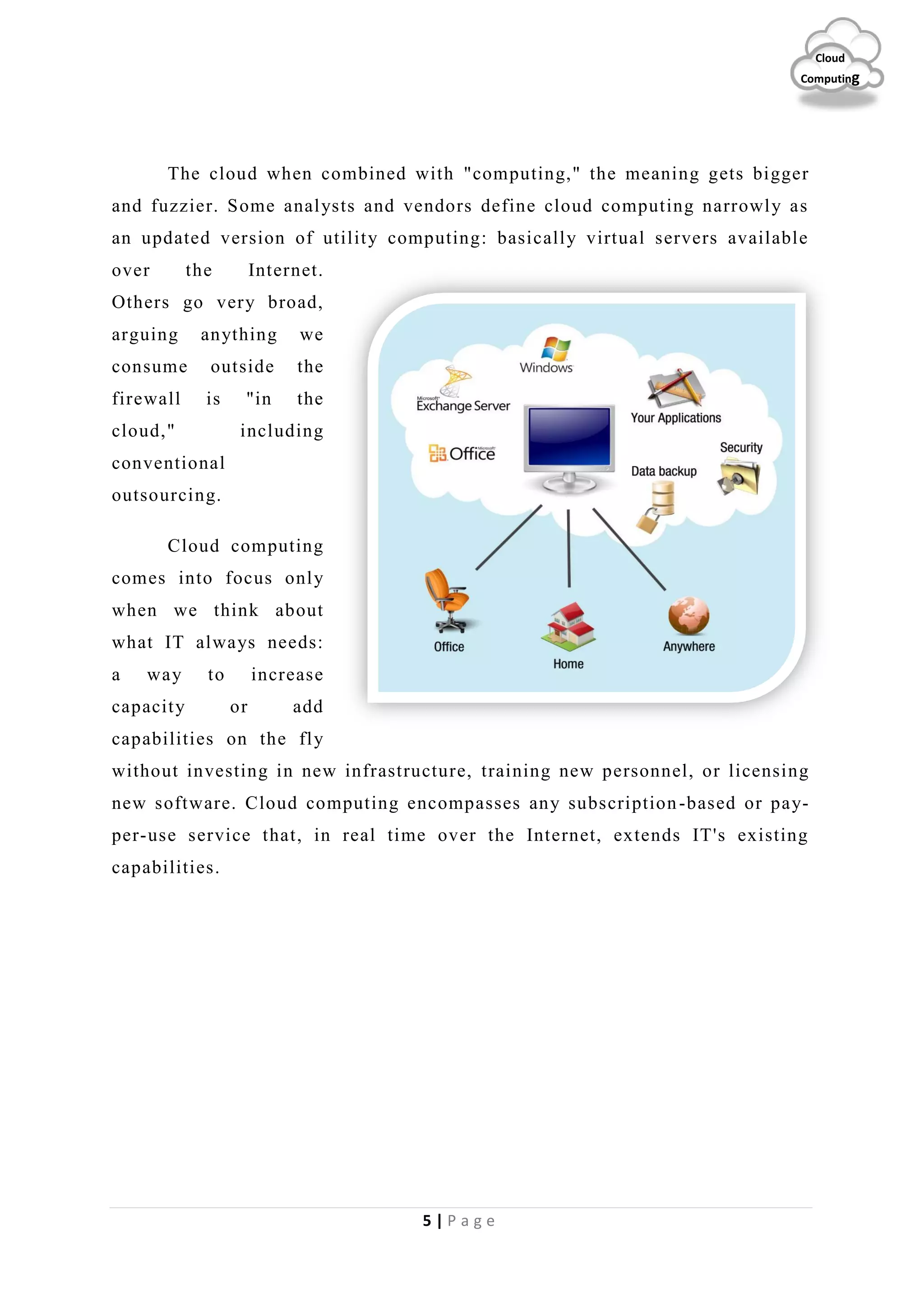 5 | P a g e
Cloud
Computing
The cloud when combined with "computing," the meaning gets bigger
and fuzzier. Some analysts and vendors define cloud computing narrowly as
an updated version of utility computing: basically virtual servers available
over the Internet.
Others go very broad,
arguing anything we
consume outside the
firewall is "in the
cloud," including
conventional
outsourcing.
Cloud computing
comes into focus only
when we think about
what IT always needs:
a way to increase
capacity or add
capabilities on the fly
without investing in new infrastructure, training new personnel, or licensing
new software. Cloud computing encompasses any subscription-based or pay-
per-use service that, in real time over the Internet, extends IT's existing
capabilities.
 
