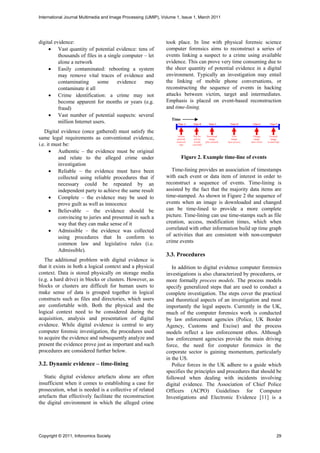 International Journal Multimedia and Image Processing (IJMIP), Volume 1, Issue 1, March 2011




digital evidence:                                               took place. In line with physical forensic science
      Vast quantity of potential evidence: tens of             computer forensics aims to reconstruct a series of
          thousands of files in a single computer – let         events linking a suspect to a crime using available
          alone a network                                       evidence. This can prove very time consuming due to
      Easily contaminated: rebooting a system                  the sheer quantity of potential evidence in a digital
          may remove vital traces of evidence and               environment. Typically an investigation may entail
          contaminating      some     evidence    may           the linking of mobile phone conversations, or
          contaminate it all                                    reconstructing the sequence of events in hacking
      Crime identification: a crime may not                    attacks between victim, target and intermediates.
          become apparent for months or years (e.g.             Emphasis is placed on event-based reconstruction
          fraud)                                                and time-lining.
      Vast number of potential suspects: several
                                                                   Time
          million Internet users.                                     Time A    Time B          Time C          Time D         Time E          Time F


   Digital evidence (once gathered) must satisfy the
                                                                      Access     Pay for       Download           View          Change         Forward
same legal requirements as conventional evidence,                    network     service         image           image           image          image
                                                                     (network    (credit     (file created)   (last access)   (last write)   (e-mail log)
i.e. it must be:                                                       log)     card bill)


       Authentic – the evidence must be original
          and relate to the alleged crime under                           Figure 2. Example time-line of events
          investigation
       Reliable – the evidence must have been                     Time-lining provides an association of timestamps
          collected using reliable procedures that if           with each event or data item of interest in order to
          necessary could be repeated by an                     reconstruct a sequence of events. Time-lining is
          independent party to achieve the same result          assisted by the fact that the majority data items are
       Complete – the evidence may be used to                  time-stamped. As shown in Figure 2 the sequence of
          prove guilt as well as innocence                      events when an image is downloaded and changed
       Believable – the evidence should be                     can be time-lined to provide a more complete
          convincing to juries and presented in such a          picture. Time-lining can use time-stamps such as file
          way that they can make sense of it                    creation, access, modification times, which when
       Admissible – the evidence was collected                 correlated with other information build up time graph
          using procedures that In conform to                   of activities that are consistent with non-computer
          common law and legislative rules (i.e.                crime events
          Admissible).
                                                                3.3. Procedures
   The additional problem with digital evidence is
that it exists in both a logical context and a physical            In addition to digital evidence computer forensics
context. Data is stored physically on storage media             investigations is also characterized by procedures, or
(e.g. a hard drive) in blocks or clusters. However, as          more formally process models. The process models
blocks or clusters are difficult for human users to             specify generalized steps that are used to conduct a
make sense of data is grouped together in logical               complete investigation. The steps cover the practical
constructs such as files and directories, which users           and theoretical aspects of an investigation and most
are comfortable with. Both the physical and the                 importantly the legal aspects. Currently in the UK,
logical context need to be considered during the                much of the computer forensics work is conducted
acquisition, analysis and presentation of digital               by law enforcement agencies (Police, UK Border
evidence. While digital evidence is central to any              Agency, Customs and Excise) and the process
computer forensic investigation, the procedures used            models reflect a law enforcement ethos. Although
to acquire the evidence and subsequently analyze and            law enforcement agencies provide the main driving
present the evidence prove just as important and such           force, the need for computer forensics in the
procedures are considered further below.                        corporate sector is gaining momentum, particularly
                                                                in the US.
3.2. Dynamic evidence – time-lining                                Police forces in the UK adhere to a guide which
                                                                specifies the principles and procedures that should be
   Static digital evidence artefacts alone are often            followed when dealing with incidents involving
insufficient when it comes to establishing a case for           digital evidence. The Association of Chief Police
prosecution, what is needed is a collective of related          Officers (ACPO) Guidelines for Computer
artefacts that effectively facilitate the reconstruction        Investigations and Electronic Evidence [11] is a
the digital environment in which the alleged crime




Copyright © 2011, Infonomics Society                                                                                                                  29
 