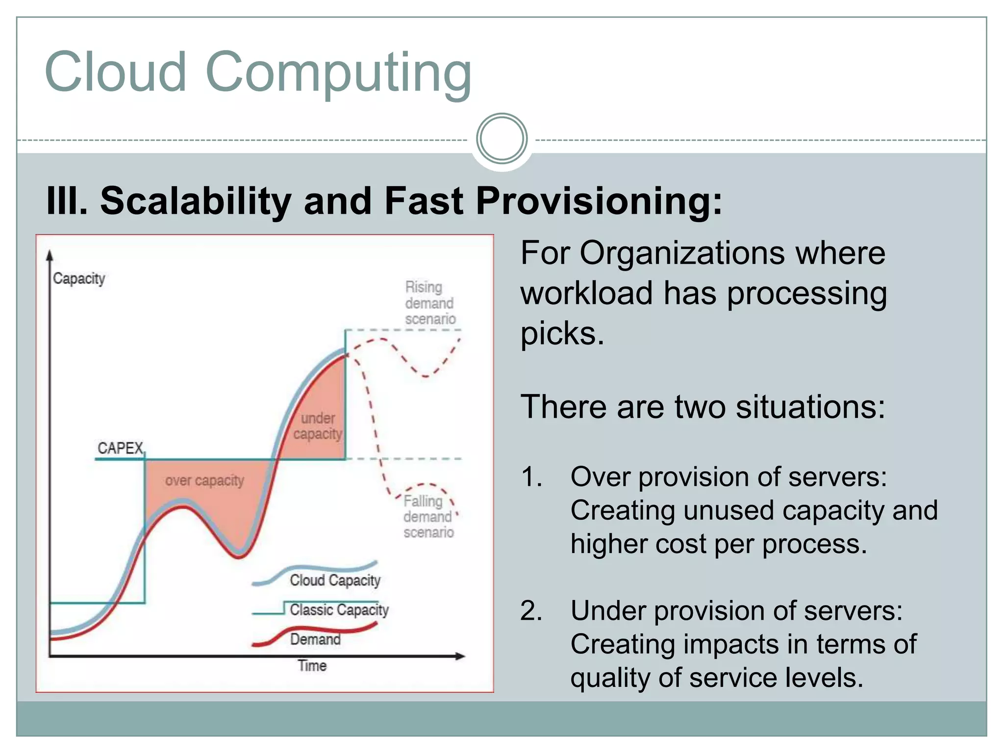 Cloud Computing

III. Scalability and Fast Provisioning:
                           For Organizations where
                           workload has processing
                           picks.

                           There are two situations:

                           1. Over provision of servers:
                              Creating unused capacity and
                              higher cost per process.

                           2. Under provision of servers:
                              Creating impacts in terms of
                              quality of service levels.
 