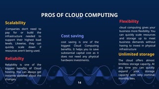 PROS OF CLOUD COMPUTING
Scalability
.Companies don’t need to
pay for or build the
infrastructure needed to
support their highest load
levels. Likewise, they can
quickly scale down if
resources aren’t being used.
Cost saving
cost saving is one of the
biggest Cloud Computing
benefits. It helps you to save
substantial capital cost as it
does not need any physical
hardware investments.
Flexibility
cloud computing gives your
business more flexibility. You
can quickly scale resources
and storage up to meet
business demands without
having to invest in physical
infrastructure
14
Unlimited storage
The cloud offers almost
limitless storage capacity. At
any time you can quickly
expand your storage
capacity with very nominal
monthly fees.
Reliabilty
Reliability is one of the
biggest benefits of Cloud
hosting. You can always get
instantly updated about the
changes.
 
