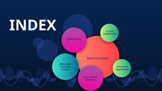 INDEX
2
WHAT IS CLOUD?
INTRODUCTIO
N
PROS AND
CONS TO
CLOUD
CLOUD
COMPUTING
Types of cloud
computing
Services &
Applications
 