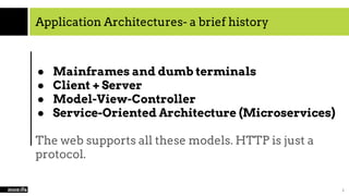 Application Architectures- a brief history
● Mainframes and dumb terminals
● Client + Server
● Model-View-Controller
● Service-Oriented Architecture (Microservices)
The web supports all these models. HTTP is just a
protocol.
3
 