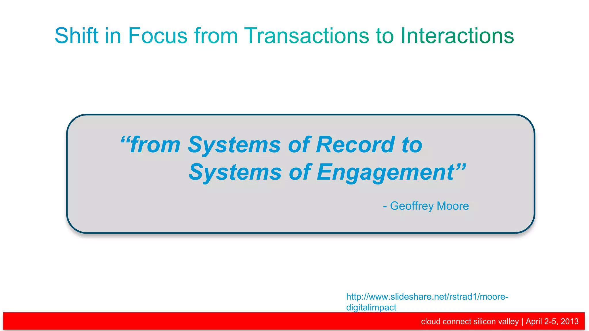 “from Systems of Record to
                                                                 Systems of Engagement”
                                                                                      - Geoffrey Moore




                                                                             http://www.slideshare.net/rstrad1/moore-
                                                                             digitalimpact
© 2013 Cisco and/or its affiliates. All rights reserved.                                       cloud connect silicon valley | April 2-5, 2013
                                                                                                                                          9
 