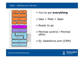 SaaS – Software as a Service                             10



                            > You’ve got everything

                            > Iaas + Paas + Apps

                            > Ready to go

                            > Minimal control / Minimal
                              effort

                            > Ej: Salesforce.com (CRM)



Tema 1: Diseño de software seguro
Cloud Computing Security
 
