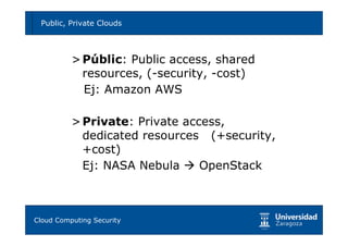Public, Private Clouds                      11




         > Públic: Public access, shared
           resources, (-security, -cost)
           Ej: Amazon AWS

         > Private: Private access,
           dedicated resources (+security,
           +cost)
           Ej: NASA Nebula     OpenStack



Tema 1: Diseño de software seguro
Cloud Computing Security
 