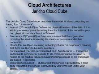 Cloud Architectures
Jericho Cloud Cube
The Jericho Cloud Cube Model describes the model for cloud computing as
having four “dimensions”:
• Internal (I)/External (E) — Defines the physical location of the data. If it is
within your own physical boundary then it is Internal, if it is not within your
own physical boundary then it is External.
• Proprietary (P)/Open (O) — Proprietary means that the organization
providing the service is keeping the means of provision under their
ownership.
• Clouds that are Open are using technology that is not proprietary, meaning
that there are likely to be more suppliers.
• Perimeterized (Per)/De-perimeterized (D-p) Architectures — Inside your
traditional IT perimeter or outside it? De-Perimeterization has always
related to the gradual failure/removal/shrinking/collapse of the traditional
silo-based IT perimeter.
• Insourced/Outsourced — Outsourced: the service is provided by a third
party Insourced: the service is provided by your own staff under your
control.
 