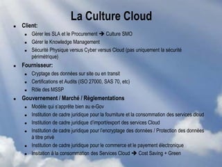 La Culture Cloud
 Client:
 Gèrer les SLA et le Procurement  Culture SMO
 Gérer le Knowledge Management
 Sécurité Physique versus Cyber versus Cloud (pas uniquement la sécurité
périmétrique)
 Fournisseur:
 Cryptage des données sur site ou en transit
 Certifications et Audits (ISO 27000, SAS 70, etc)
 Rôle des MSSP
 Gouvernement / Marché / Règlementations
 Modèle qui s’apprête bien au e-Gov
 Institution de cadre juridique pour la fourniture et la consommation des services cloud
 Institution de cadre juridique d’import/export des services Cloud
 Institution de cadre juridique pour l’encryptage des données / Protection des données
à titre privé
 Institution de cadre juridique pour le commerce et le payement électronique
 Insitation à la consommation des Services Cloud  Cost Saving + Green
 