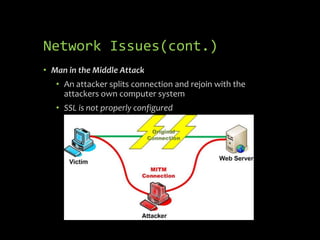 Network Issues(cont.)
• Man in the Middle Attack
   • An attacker splits connection and rejoin with the
     attackers own computer system
   • SSL is not properly configured
 