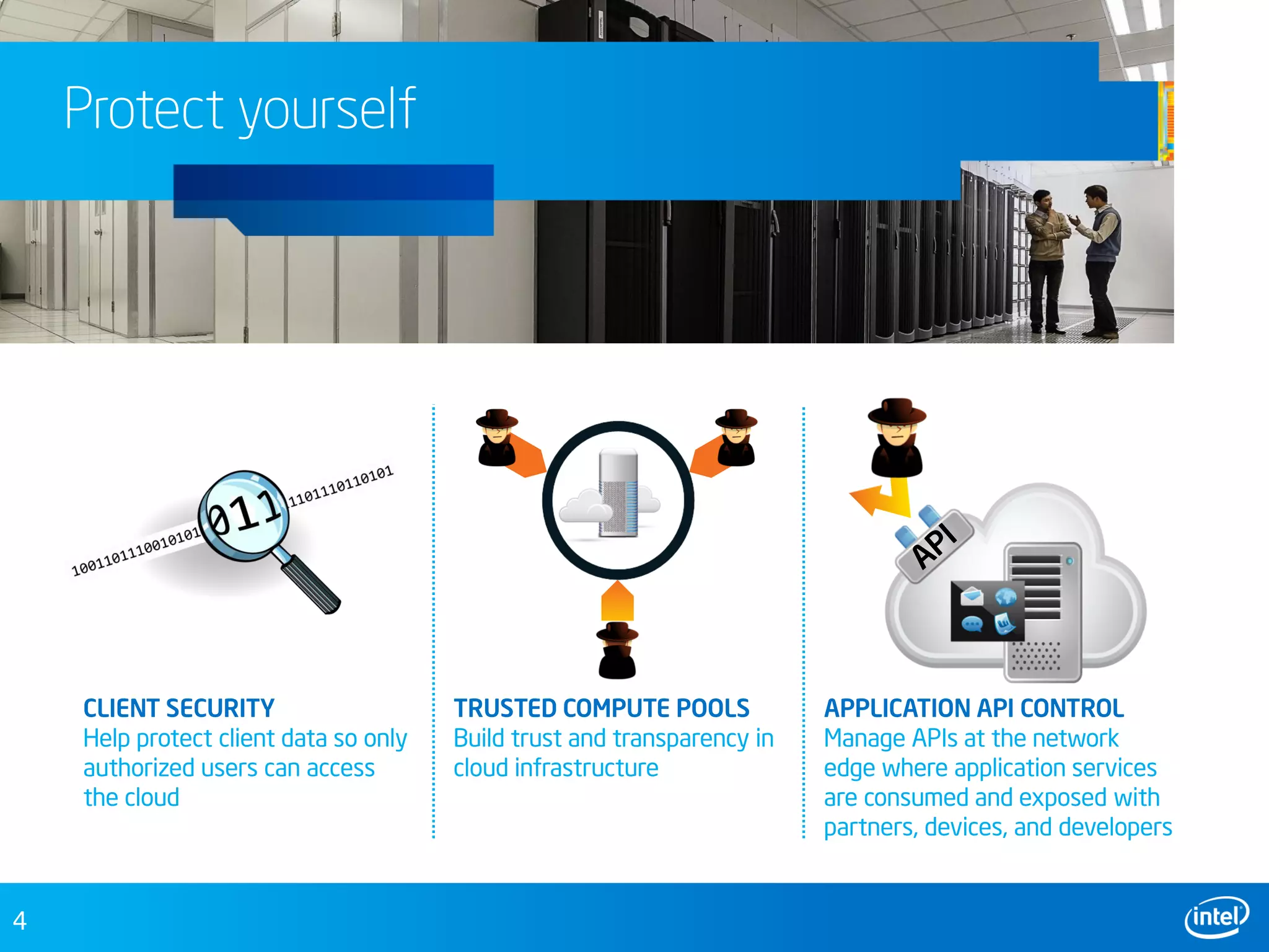 4
Protect yourself
CLIENT SECURITY
Help protect client data so only
authorized users can access
the cloud
TRUSTED COMPUTE POOLS
Build trust and transparency in
cloud infrastructure
APPLICATION API CONTROL
Manage APIs at the network
edge where application services
are consumed and exposed with
partners, devices, and developers
 