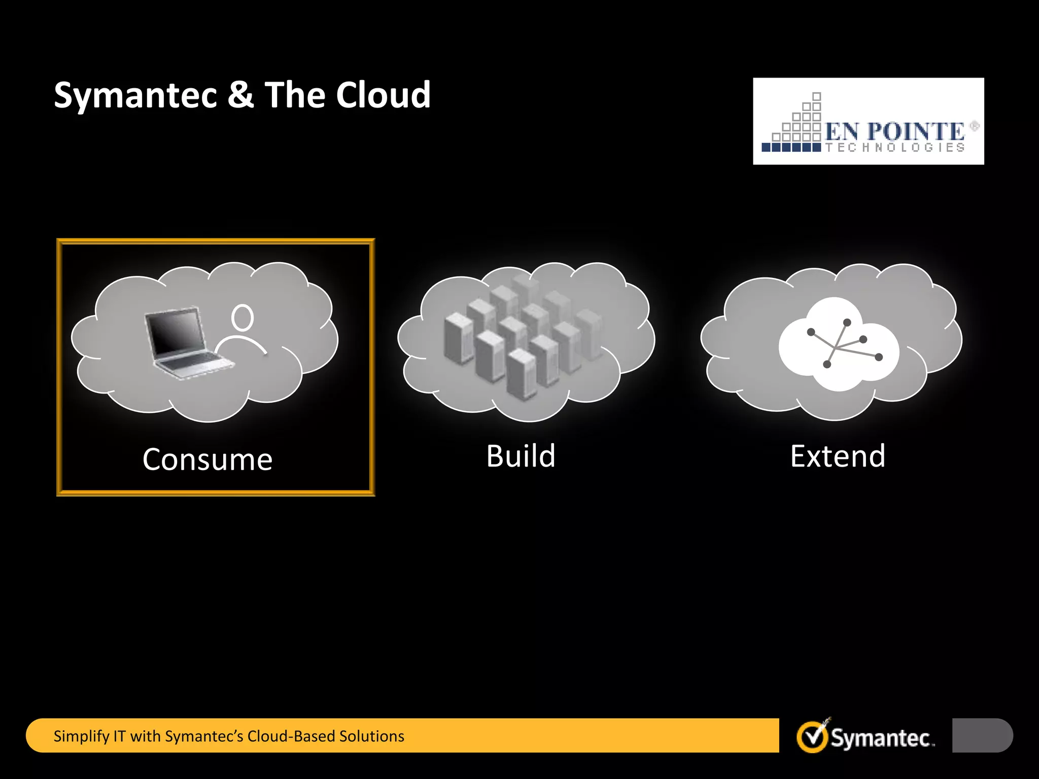 Symantec & The Cloud




            Consume                                 Build   Extend




Simplify IT with Symantec’s Cloud-Based Solutions
 
