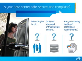 Is your data center safe, secure, and compliant?


                       Who can you   Are your         Are you meeting
                       trust…        data and         audit and
                                     infrastructure   compliance
                                     secure…          requirements…




2
 