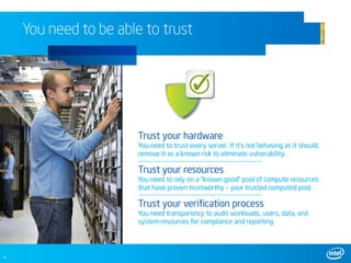You need to be able to trust




                       Trust your hardware
                       You need to trust every server. If it’s not behaving as it should,
                       remove it as a known risk to eliminate vulnerability.

                       Trust your resources
                       You need to rely on a “known good” pool of compute resources
                       that have proven trustworthy – your trusted computed pool.

                       Trust your verification process
                       You need transparency to audit workloads, users, data, and
                       system resources for compliance and reporting.




4
 