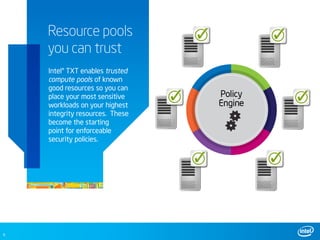 Resource pools
    you can trust
    Intel® TXT enables trusted
    compute pools of known
    good resources so you can
    place your most sensitive
    workloads on your highest
    integrity resources. These
    become the starting
    point for enforceable
    security policies.




6
 