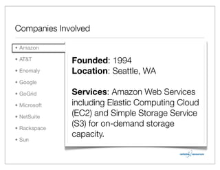 Companies Involved

• Amazon

• AT&T        Founded: 1994
• Enomaly     Location: Seattle, WA
• Google

• GoGrid      Services: Amazon Web Services
• Microsoft   including Elastic Computing Cloud
• NetSuite
              (EC2) and Simple Storage Service
• Rackspace
              (S3) for on-demand storage
              capacity.
• Sun
 