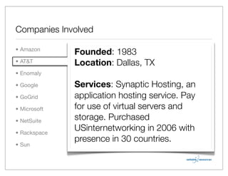 Companies Involved

• Amazon
              Founded: 1983
• AT&T        Location: Dallas, TX
• Enomaly

• Google      Services: Synaptic Hosting, an
• GoGrid      application hosting service. Pay
• Microsoft   for use of virtual servers and
• NetSuite    storage. Purchased
• Rackspace
              USinternetworking in 2006 with
              presence in 30 countries.
• Sun
 