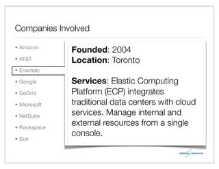 Companies Involved

• Amazon
              Founded: 2004
• AT&T        Location: Toronto
• Enomaly

• Google      Services: Elastic Computing
• GoGrid      Platform (ECP) integrates
• Microsoft   traditional data centers with cloud
• NetSuite    services. Manage internal and
• Rackspace
              external resources from a single
              console.
• Sun
 