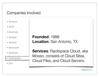 Companies Involved

• Amazon

• AT&T

• Enomaly

• Google      Founded: 1998
• GoGrid      Location: San Antonio, TX
• Microsoft

• NetSuite
              Services: Rackspace Cloud, aka
• Rackspace
              Mosso, consists of Cloud Sites,
              Cloud Files, and Cloud Servers.
• Sun
 
