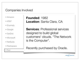 Companies Involved

• Amazon
              Founded: 1982
• AT&T        Location: Santa Clara, CA
• Enomaly

• Google      Services: Professional services
• GoGrid      designed to build global
• Microsoft   customers' clouds. "The Network
• NetSuite    is the Computer".
• Rackspace
              Recently purchased by Oracle.
• Sun
 