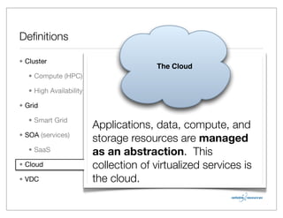Deﬁnitions

• Cluster
                                       The Cloud
   • Compute (HPC)

   • High Availability

• Grid

   • Smart Grid
                         Applications, data, compute, and
• SOA (services)
                         storage resources are managed
   • SaaS                as an abstraction. This
• Cloud                  collection of virtualized services is
• VDC                    the cloud.
 