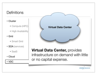 Deﬁnitions

• Cluster

   • Compute (HPC)                 Virtual Data Center
   • High Availability

• Grid

   • Smart Grid

• SOA (services)

   • SaaS                Virtual Data Center, provides
• Cloud
                         infrastructure on demand with little
• VDC
                         or no capital expense.
 