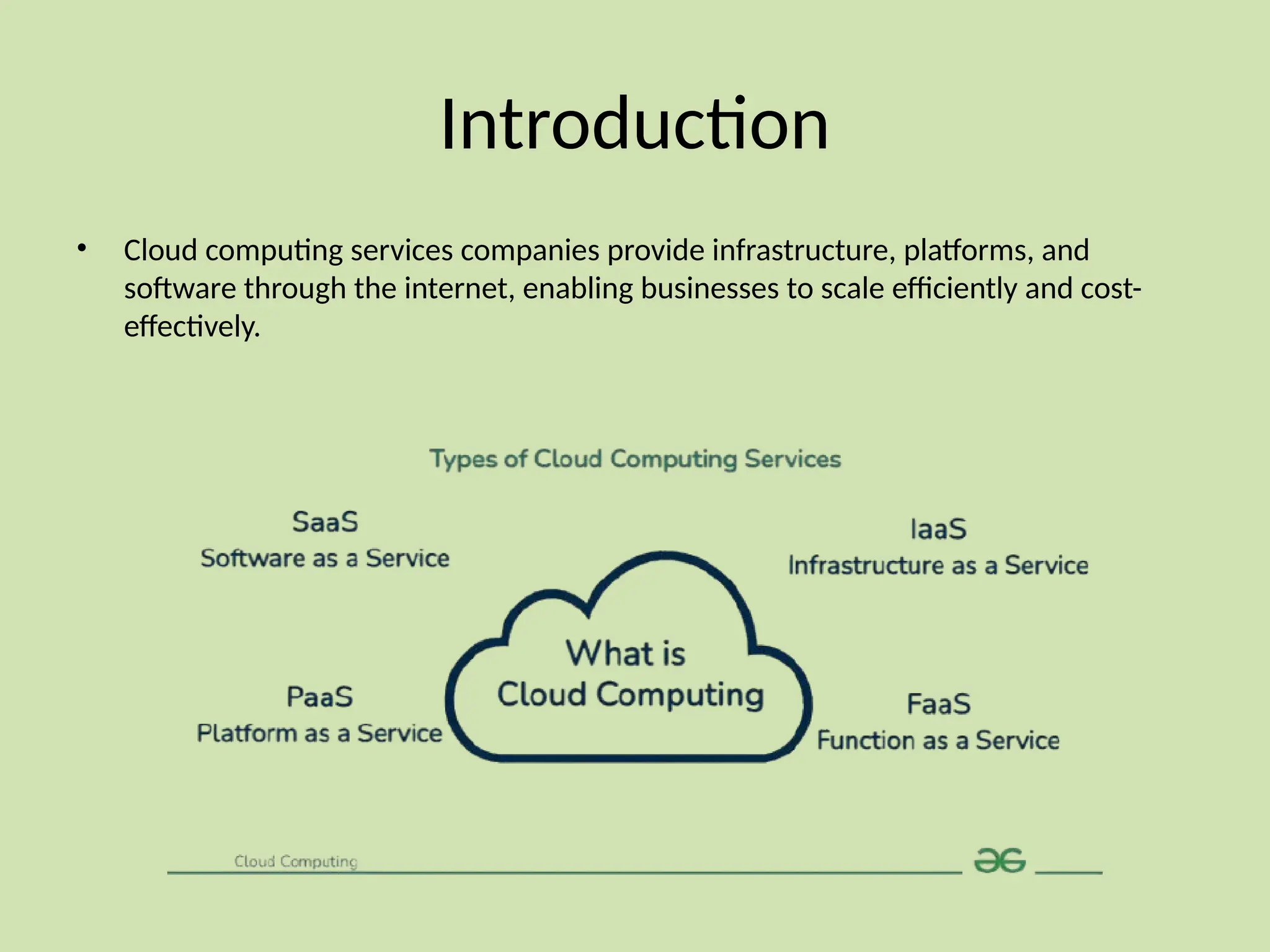 Introduction
• Cloud computing services companies provide infrastructure, platforms, and
software through the internet, enabling businesses to scale efficiently and cost-
effectively.