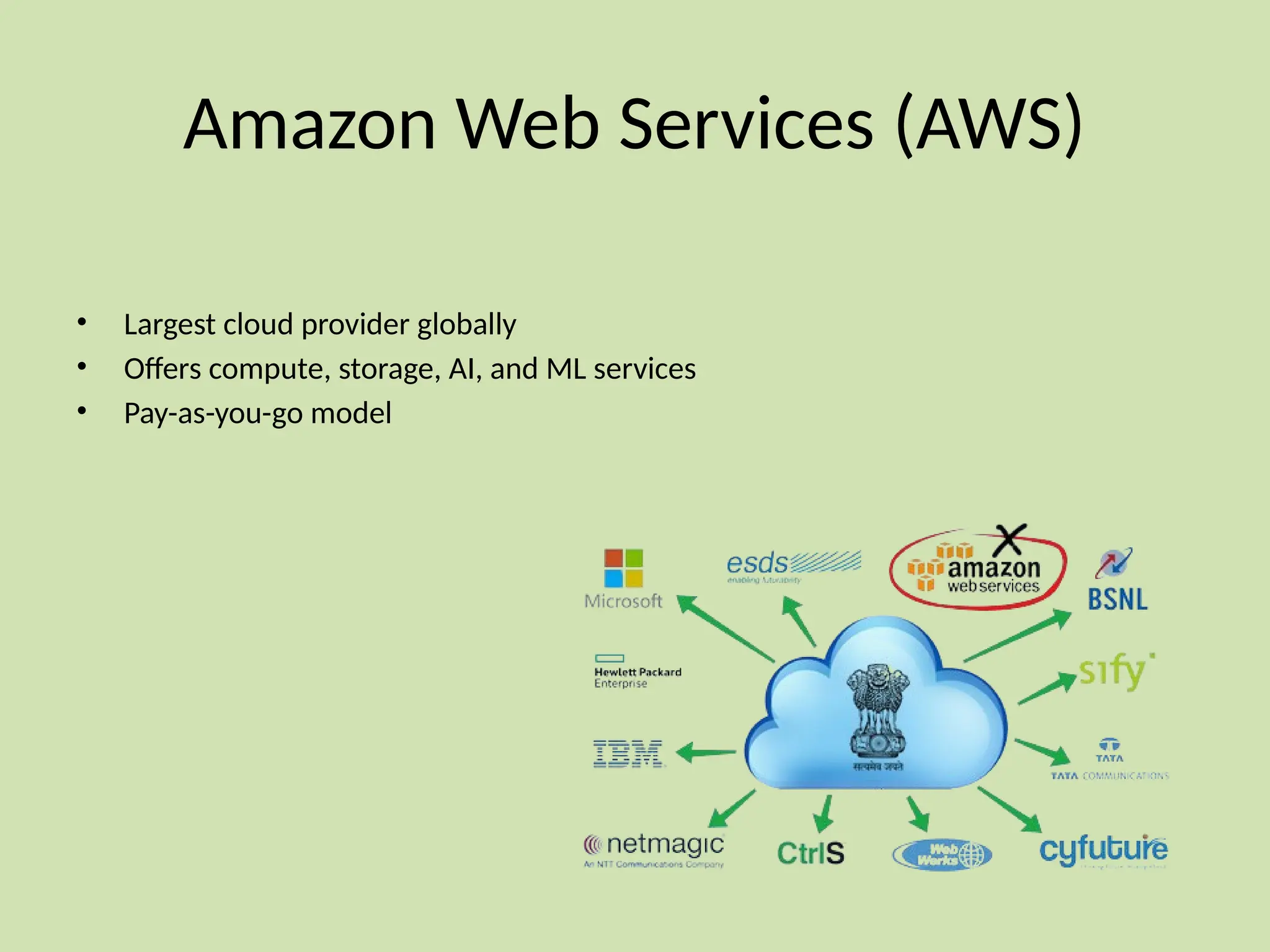 Amazon Web Services (AWS)
• Largest cloud provider globally
• Offers compute, storage, AI, and ML services
• Pay-as-you-go model