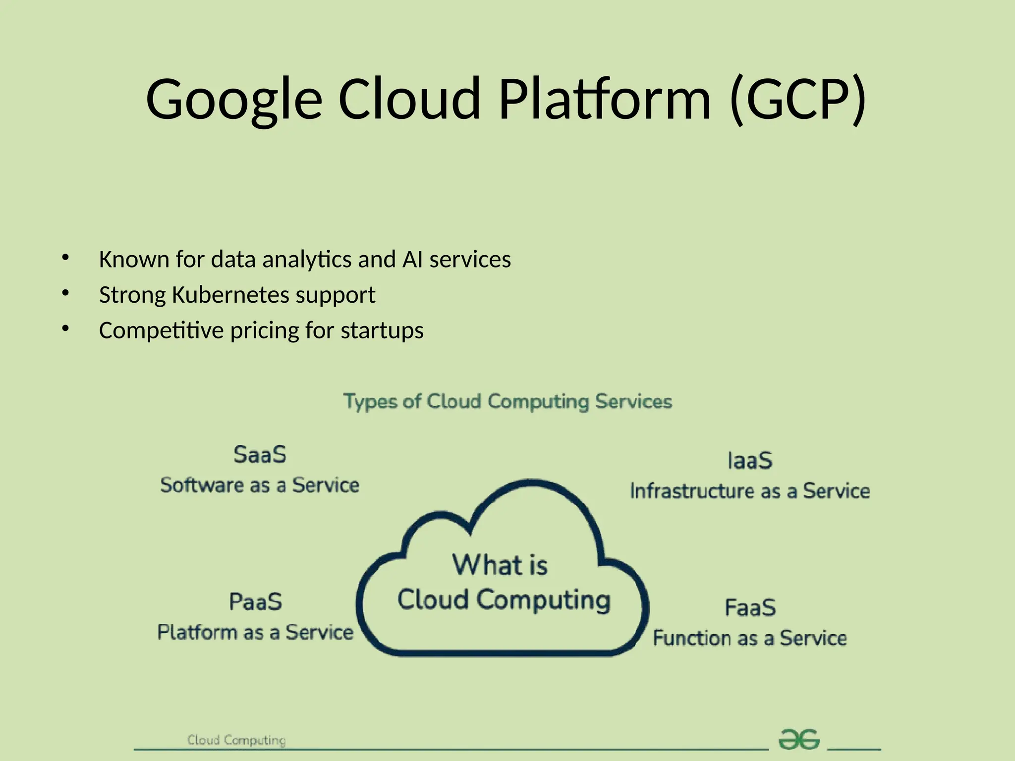 Google Cloud Platform (GCP)
• Known for data analytics and AI services
• Strong Kubernetes support
• Competitive pricing for startups