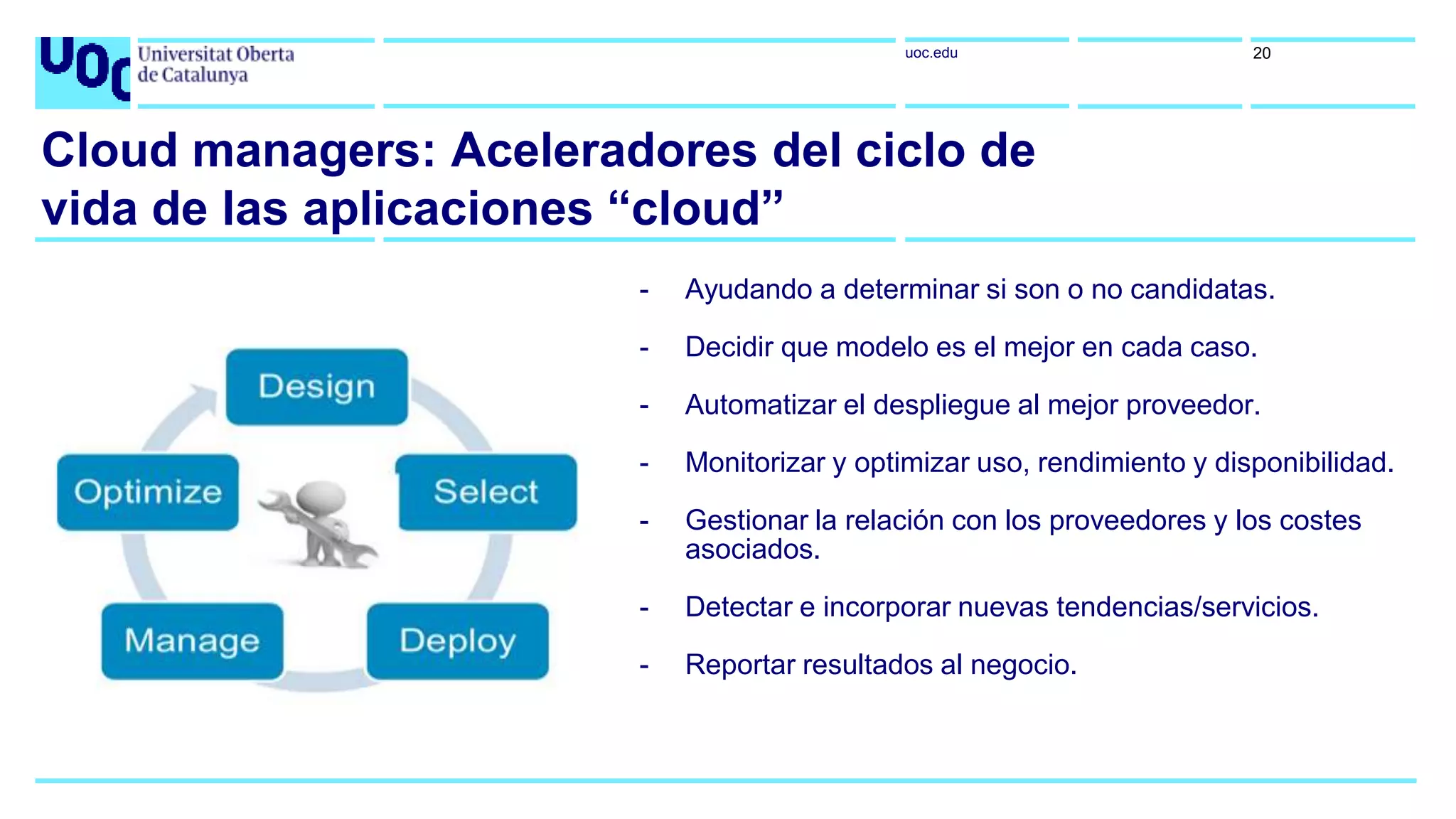 uoc.edu
Cloud managers: Aceleradores del ciclo de
vida de las aplicaciones “cloud”
- Ayudando a determinar si son o no candidatas.
- Decidir que modelo es el mejor en cada caso.
- Automatizar el despliegue al mejor proveedor.
- Monitorizar y optimizar uso, rendimiento y disponibilidad.
- Gestionar la relación con los proveedores y los costes
asociados.
- Detectar e incorporar nuevas tendencias/servicios.
- Reportar resultados al negocio.
20
 